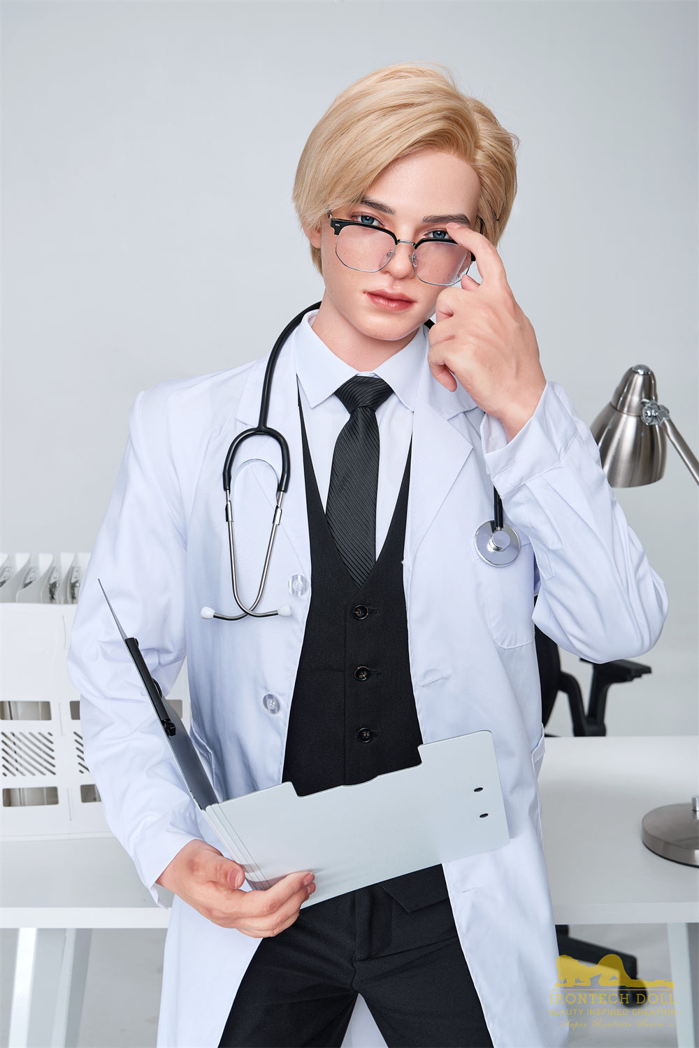 irontech doll lucas silicone male sexdoll in doctor outfit with glasses