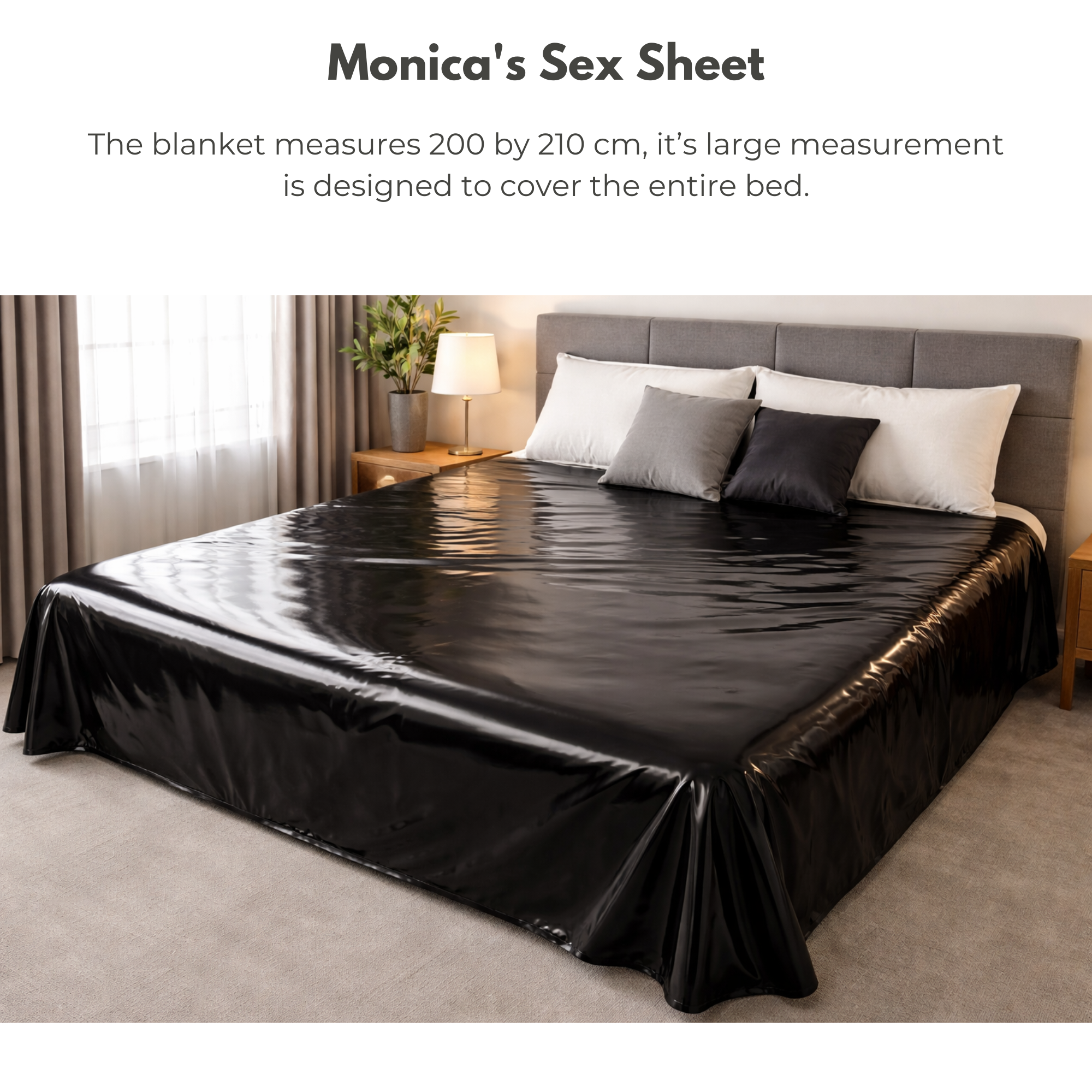 Black satin sex sheet on a bed with text about its dimensions.